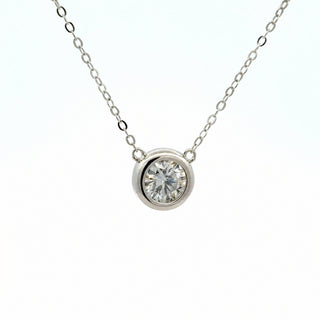 Round bezel solitaire moissanite necklace in sterling silver, view 2