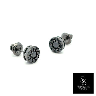 Round center cluster halo moissanite stud earrings in black rhodium over sterling silver