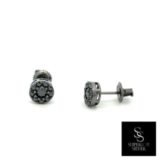 Round center cluster halo moissanite stud earrings in black rhodium over sterling silver, view 2