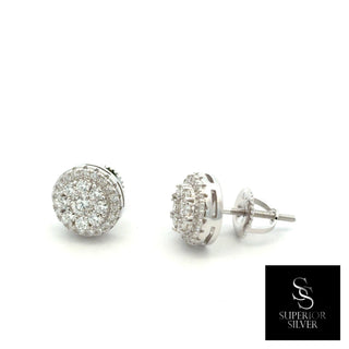 Round center cluster halo moissanite stud earrings in sterling silver, view 2