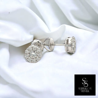 Round center cluster halo moissanite stud earrings in sterling silver, view 3