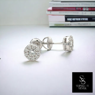 Round center cluster halo moissanite stud earrings in sterling silver, view 4