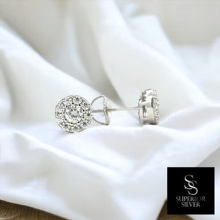 Round center cluster halo moissanite stud earrings in sterling silver, view 5