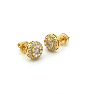 Round center cluster halo moissanite stud earrings in yellow gold vermeil over sterling silver