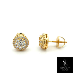 Round center cluster halo moissanite stud earrings in yellow gold vermeil over sterling silver, view 2