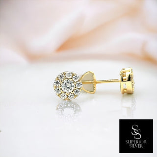 Round center cluster halo moissanite stud earrings in yellow gold vermeil over sterling silver, view 3