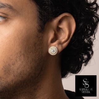 Round center cluster halo moissanite stud earrings in yellow gold vermeil over sterling silver, worn on model