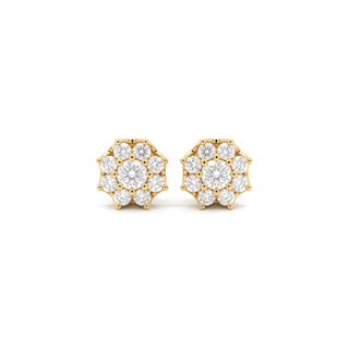 Round center flower cluster moissanite stud earrings in yellow gold vermeil over sterling silver