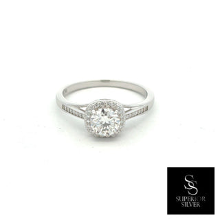 Round center halo on pavé shank moissanite ring in sterling silver, view 2
