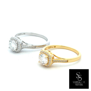 Round center halo on pavé shank moissanite ring in sterling silver and yellow gold vermeil, side by side