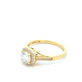 Round center halo on pavé shank moissanite ring in yellow gold vermeil over sterling silver