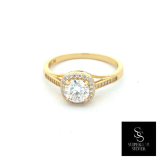 Round center halo on pavé shank moissanite ring in yellow gold vermeil over sterling silver, view 2