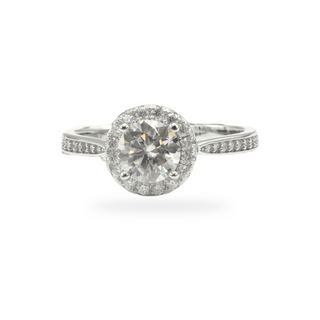 Round center halo with pavé band moissanite ring in sterling silver