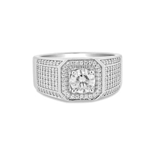 Round Center Octagon Halo with Wide Pavé Shoulders Moissanite Ring in sterling silver