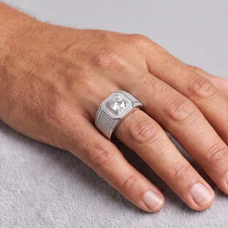 Round Center Octagon Halo with Wide Pavé Shoulders Moissanite Ring in sterling silver, worn on hand