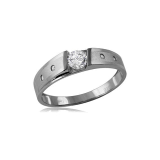 Round Center Satin Band with Flush-Set Accents Moissanite Ring in sterling silver