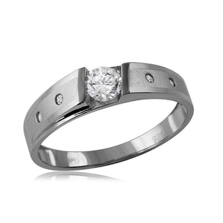 Round Center Satin Band with Flush-Set Accents Moissanite Ring in sterling silver, view 2