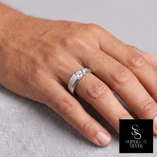 Round Center Satin Band with Flush-Set Accents Moissanite Ring in sterling silver, worn on hand