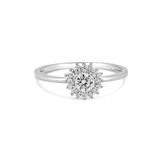 Round Center Starburst Cluster on Thin Band Moissanite Ring in sterling silver
