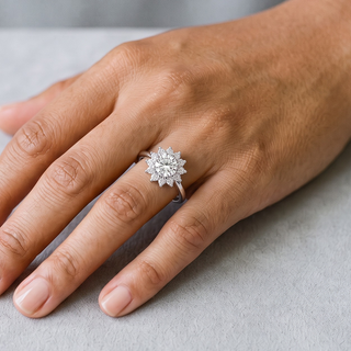 Round Center Starburst Cluster on Thin Band Moissanite Ring in sterling silver, worn on hand