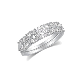 Round Center with Baguette Cluster Double Band Moissanite Ring in sterling silver