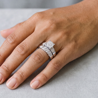 Round Cluster Bridal Set with Diagonal Stone Band Moissanite Ring in sterling silver, worn on hand