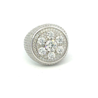 Round cluster flower signet moissanite ring in sterling silver