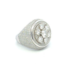 Round cluster flower signet moissanite ring in sterling silver, view 2