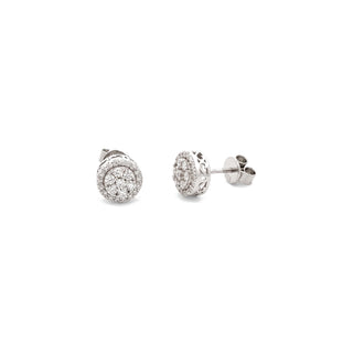 Round cluster halo scroll gallery moissanite stud earrings in sterling silver