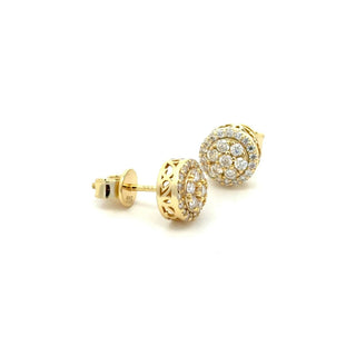 Round cluster halo scroll gallery moissanite stud earrings in yellow gold vermeil over sterling silver