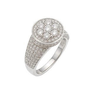 Round Cluster Top on Wide Pavé Shank Moissanite Ring in sterling silver