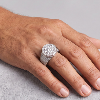 Round Cluster Top on Wide Pavé Shank Moissanite Ring in sterling silver, worn on hand