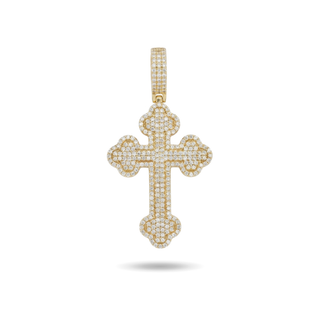 Round-Corner Pavé Gothic Cross with Iced Bail Moissanite Pendant in gold vermeil