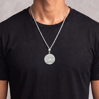 Round Double-Halo Last Supper Medallion Moissanite Pendant in sterling silver, worn on model