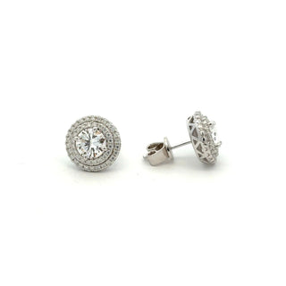 Round double halo moissanite stud earrings in sterling silver, view 2