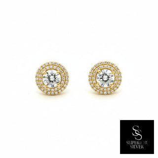 Round double halo moissanite stud earrings in sterling silver, view 3