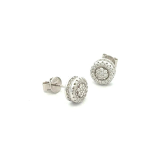 Round double halo pavé cluster moissanite stud earrings in sterling silver