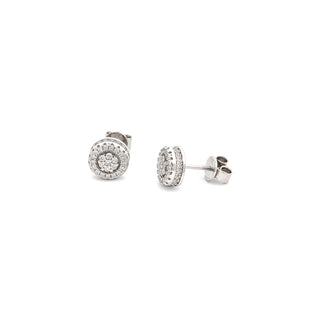 Round double halo pavé cluster moissanite stud earrings in yellow gold vermeil over sterling silver