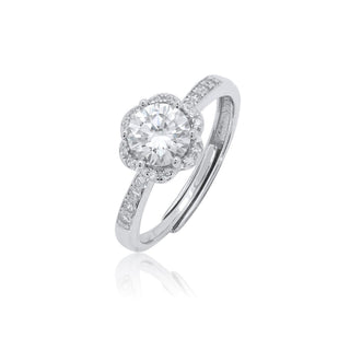 Round Floral Halo on Pavé Band Moissanite Ring in sterling silver