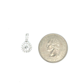 Round Halo and Hidden Halo Cushion Moissanite Pendant in Sterling Silver, size comparison with a US quarter