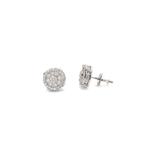 Round halo cluster baguette-sided moissanite stud earrings in sterling silver