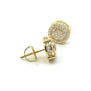 Round halo cluster baguette-sided moissanite stud earrings in yellow gold vermeil over sterling silver