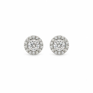 Round halo moissanite stud earrings in sterling silver