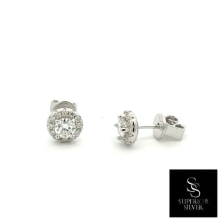 Round halo moissanite stud earrings in sterling silver, view 2