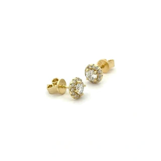 Round halo moissanite stud earrings in yellow gold vermeil over sterling silver