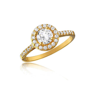 Round Halo on Thin Micro Pavé Band Moissanite Ring in yellow gold over sterling silver
