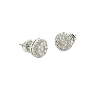Round halo pavé cluster moissanite stud earrings in sterling silver