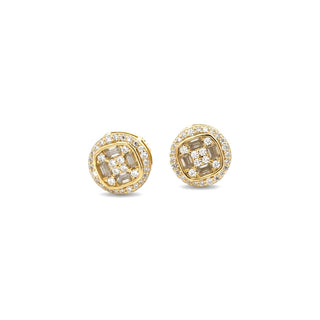 Round halo princess cluster moissanite stud earrings in yellow gold vermeil over sterling silver