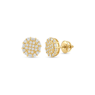 Round Pavé Center Baguette Ring Moissanite Stud Earrings in sterling silver