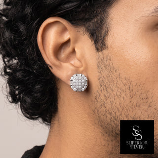 Round Pavé Center Baguette Ring Moissanite Stud Earrings in sterling silver, worn on model